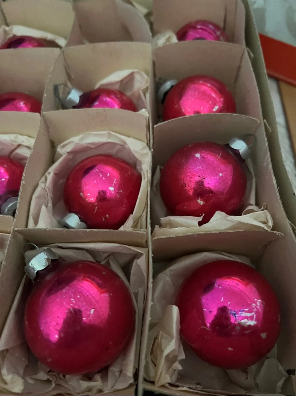 Vintage Mid Century hot pink mercury glass Christmas ornaments